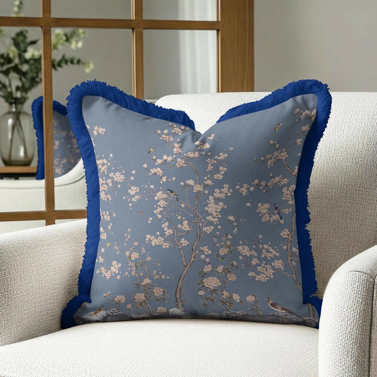 Floral Garden Elegance Fringed Cushion Cover Set of 2 – Classic Blue Tasselled Throw Pillow with Natural Bird Pattern - Wear Sierra