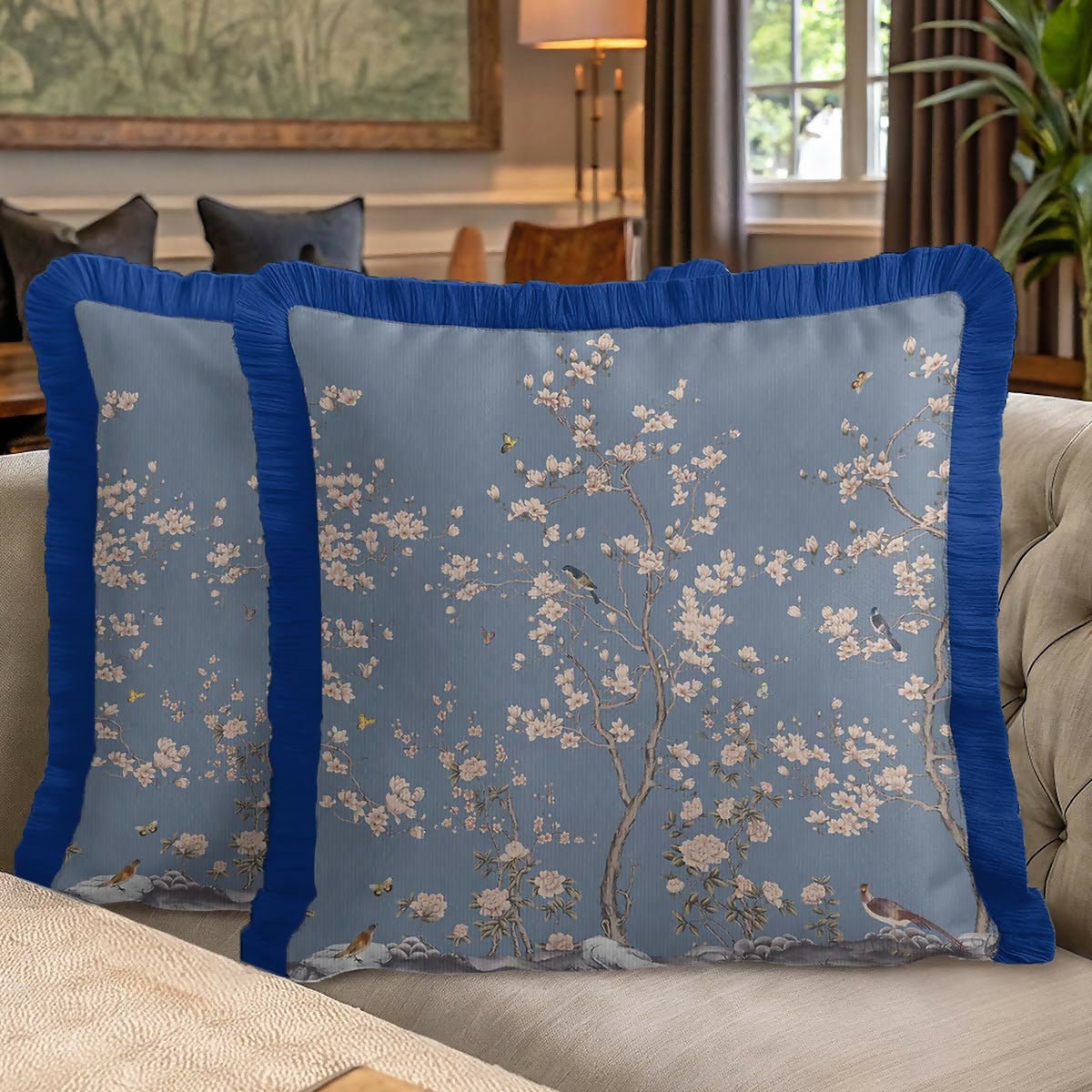 Floral Garden Elegance Fringed Cushion Cover Set of 2 – Classic Blue Tasselled Throw Pillow with Natural Bird Pattern - Wear Sierra