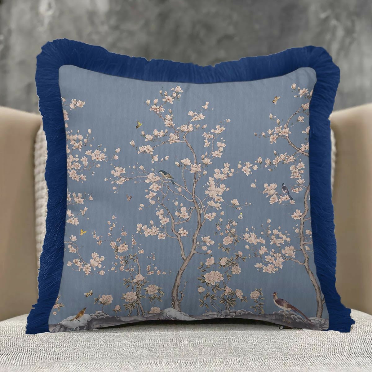 Floral Garden Elegance Fringed Cushion Cover Set of 2 – Classic Blue Tasselled Throw Pillow with Natural Bird Pattern - Wear Sierra