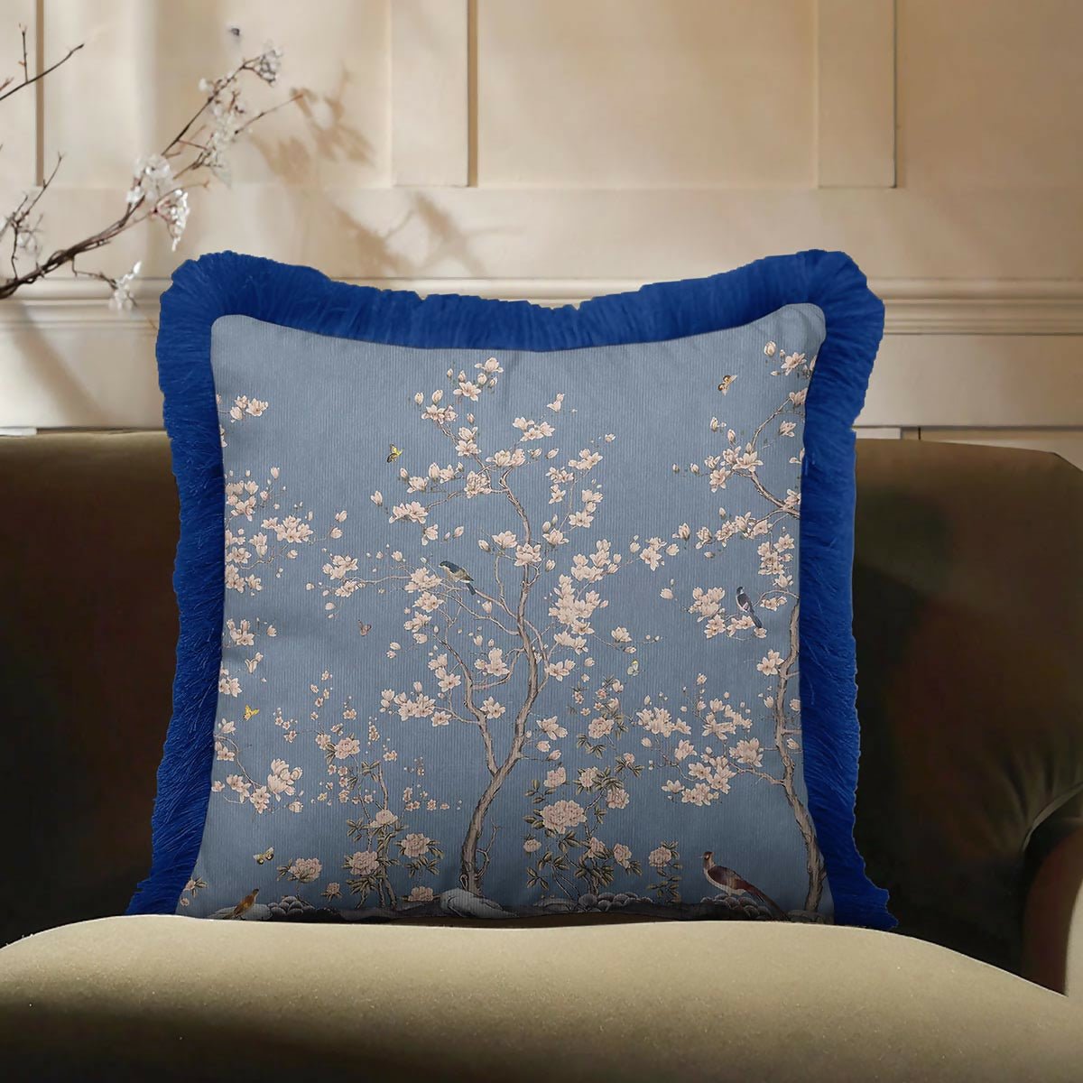 Floral Garden Elegance Fringed Cushion Cover Set of 2 – Classic Blue Tasselled Throw Pillow with Natural Bird Pattern - Wear Sierra