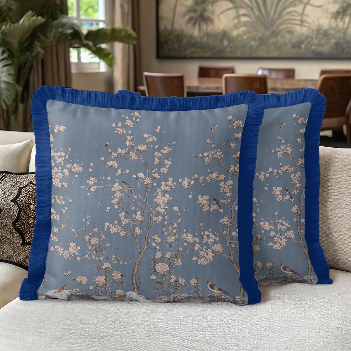 Floral Garden Elegance Fringed Cushion Cover Set of 2 – Classic Blue Tasselled Throw Pillow with Natural Bird Pattern - Wear Sierra