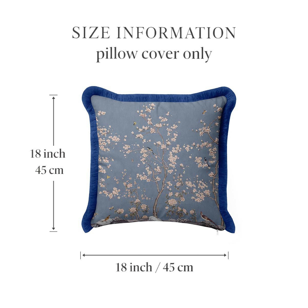 Floral Garden Elegance Fringed Cushion Cover Set of 2 – Classic Blue Tasselled Throw Pillow with Natural Bird Pattern - Wear Sierra