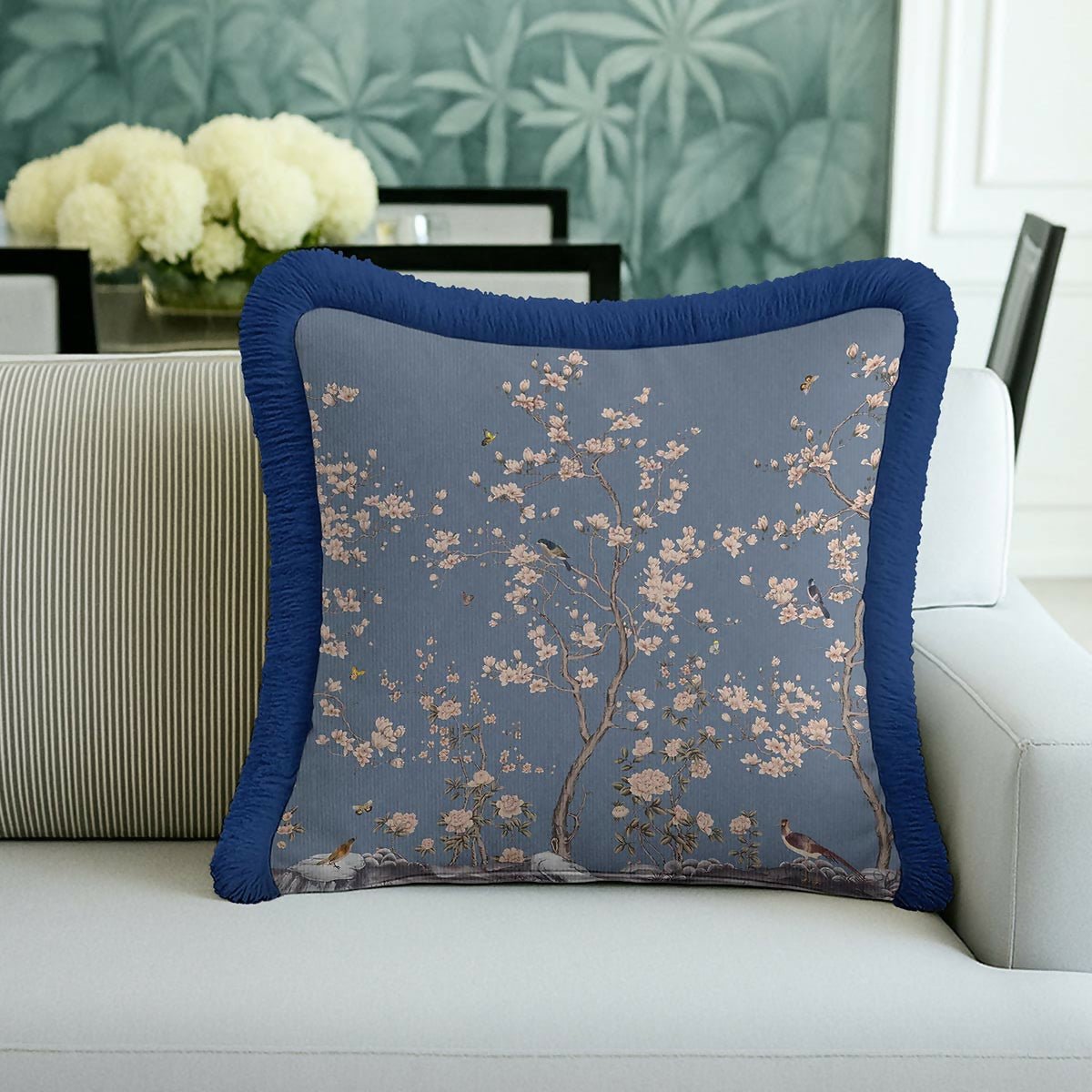 Floral Garden Elegance Fringed Cushion Cover Set of 2 – Classic Blue Tasselled Throw Pillow with Natural Bird Pattern - Wear Sierra