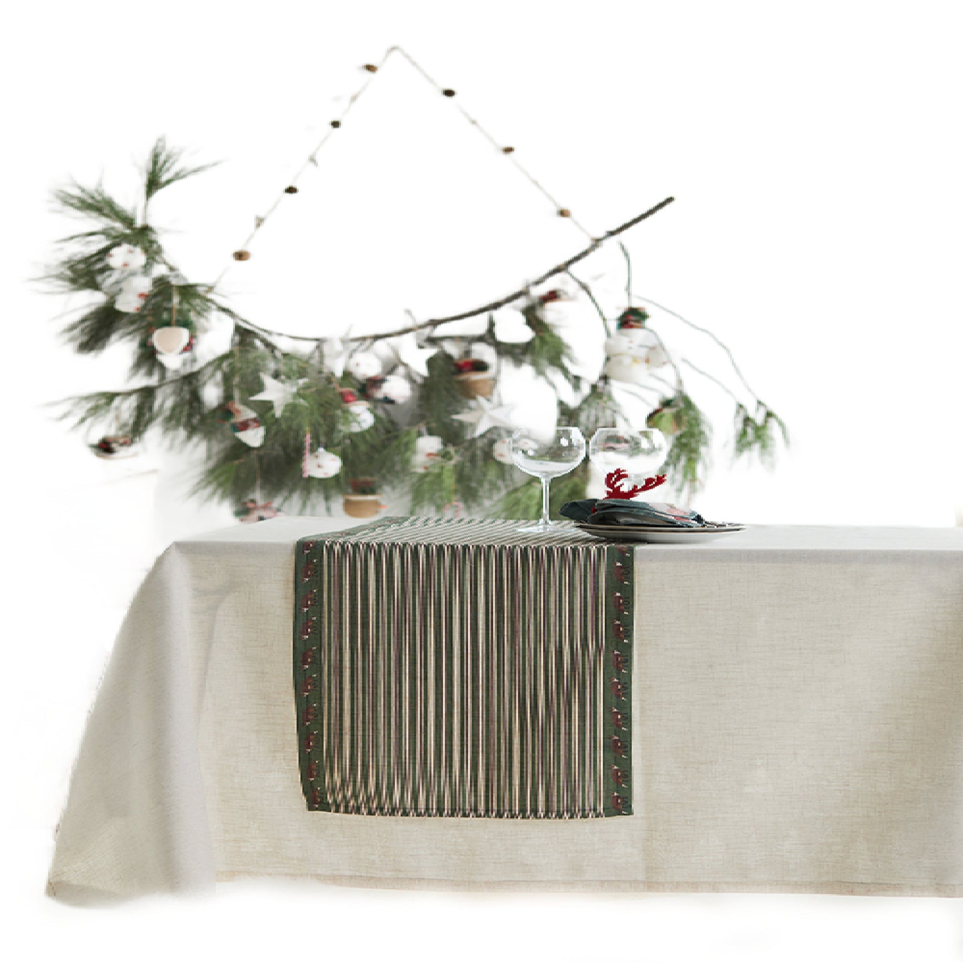 Fox Trot Pattern Linen-Feel Runner, Christmas Decorating in Classic Red and Hunter Green - Wear Sierra