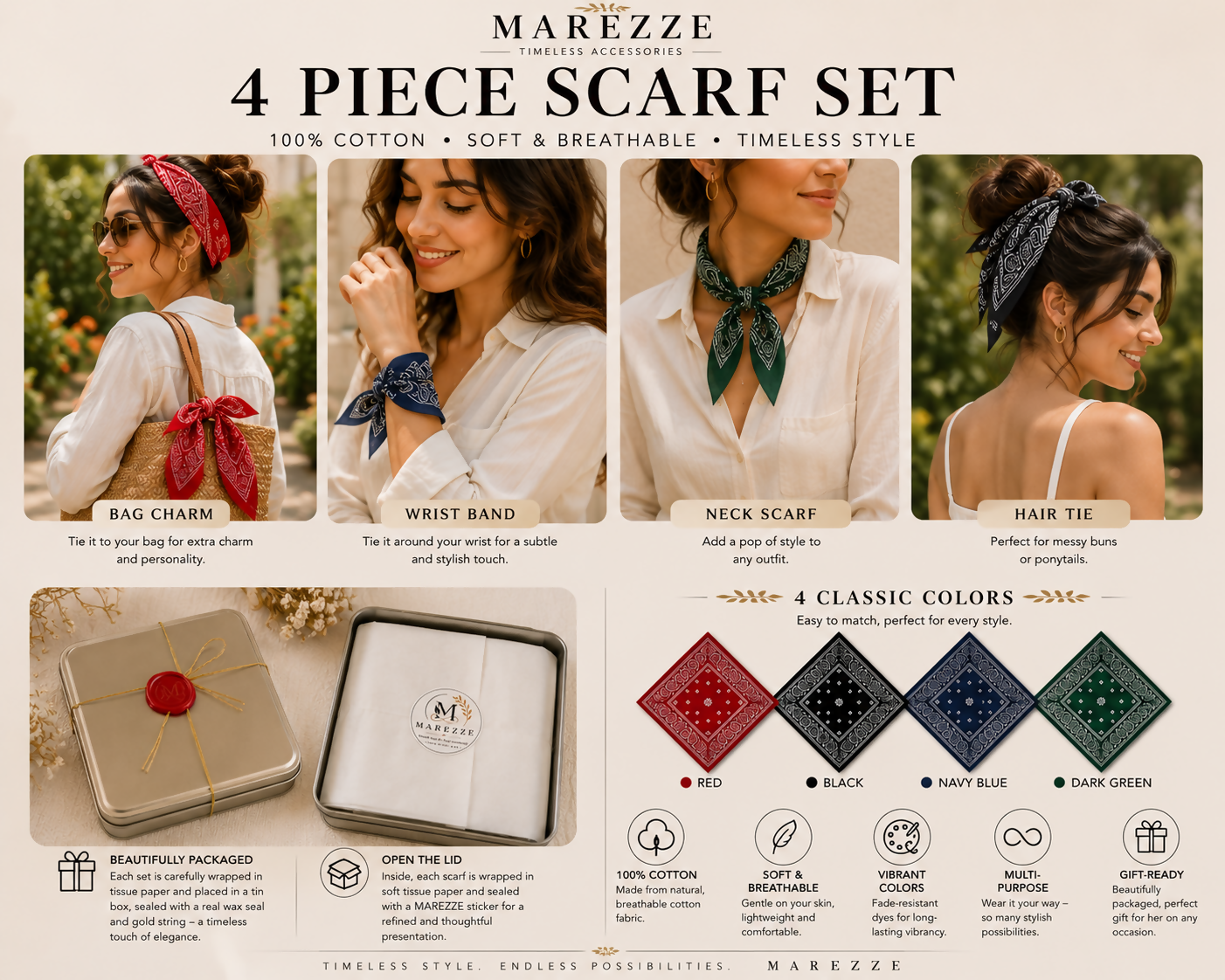 Marezze Timeless Cotton Scarf Collection – 4-Piece Paisley Accessories Set