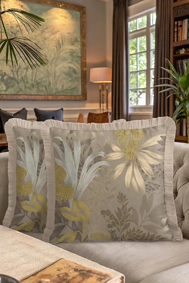 Leaf Patterned Fringed Pillow Case Set of 2 - Vintage Natural Inspired Country Beige Tasseled Throw Cushion Cover