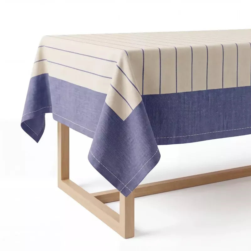 Navy Blue & Ivory Striped Water-Repellent Turkish Cotton Tablecloth – Coastal & Timeless Style