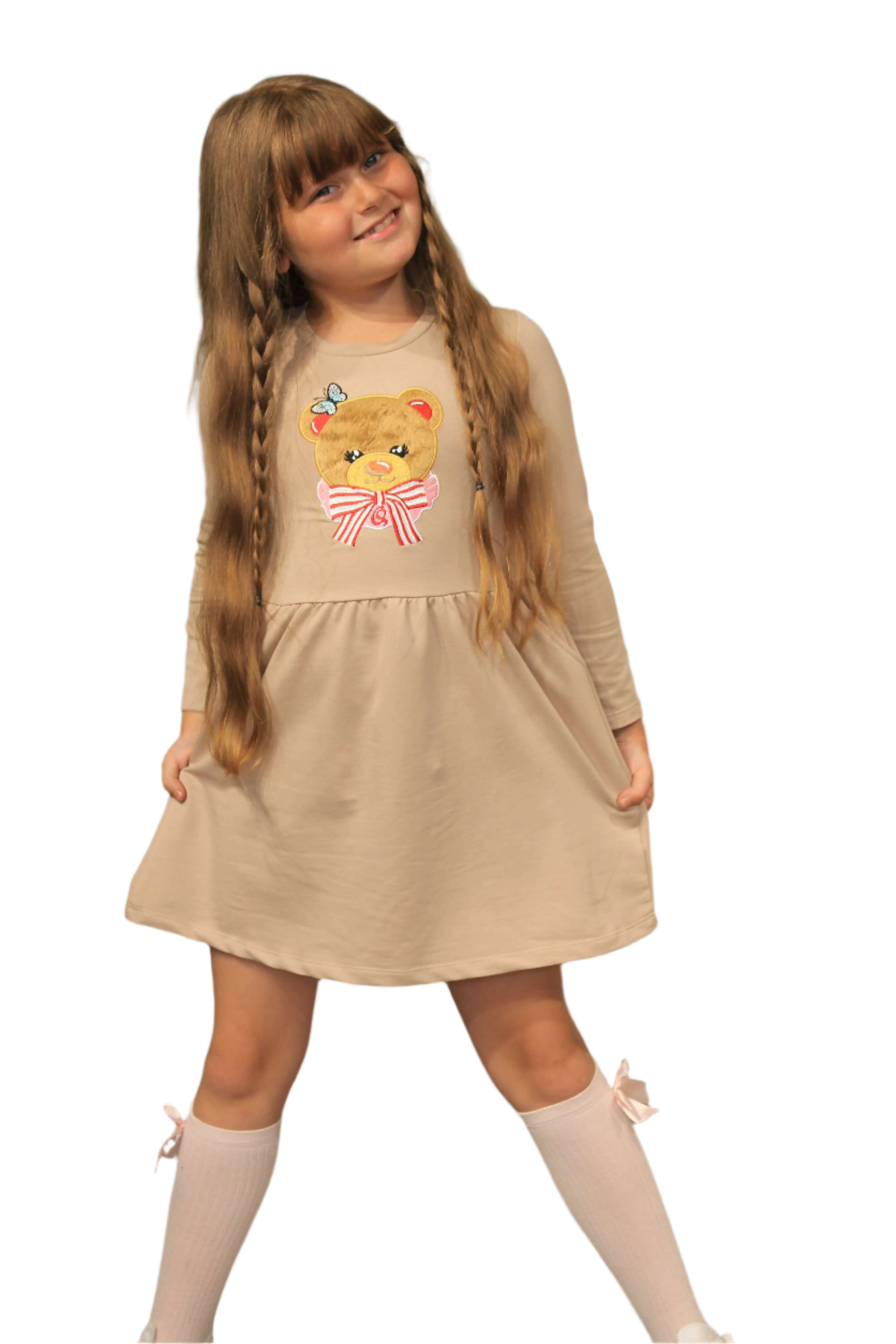 Long Sleeve Girl's Dress with Soft Fur Bear Applique