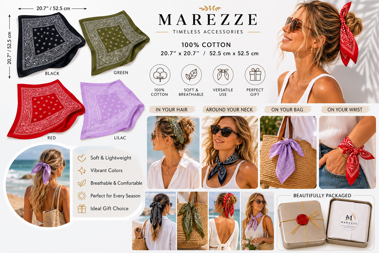 Marezze Timeless Cotton Scarf Collection – 4-Piece Paisley Accessories Set