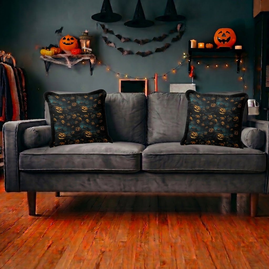 Halloween Pumpkin Themed Fringed Pillow Cover Set of 2 – Holiday Dining or Living Room Decoration - Wear Sierra