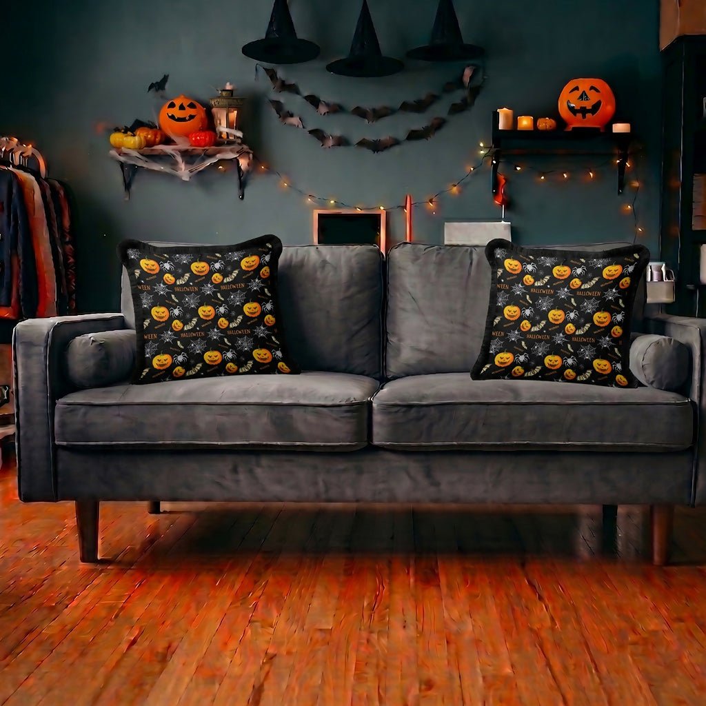 Halloween Themed Fringed Pillow Cover Set of 2 – Holiday Dining or Living Room Decoration - Wear Sierra