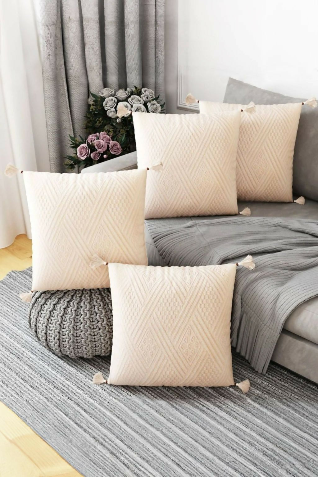 Handmade Throw Pillow Cover,Natural and Authentic Organic Buldan Cotton ,Tasseled Cushion Cover 4-Piece Set - Wear Sierra