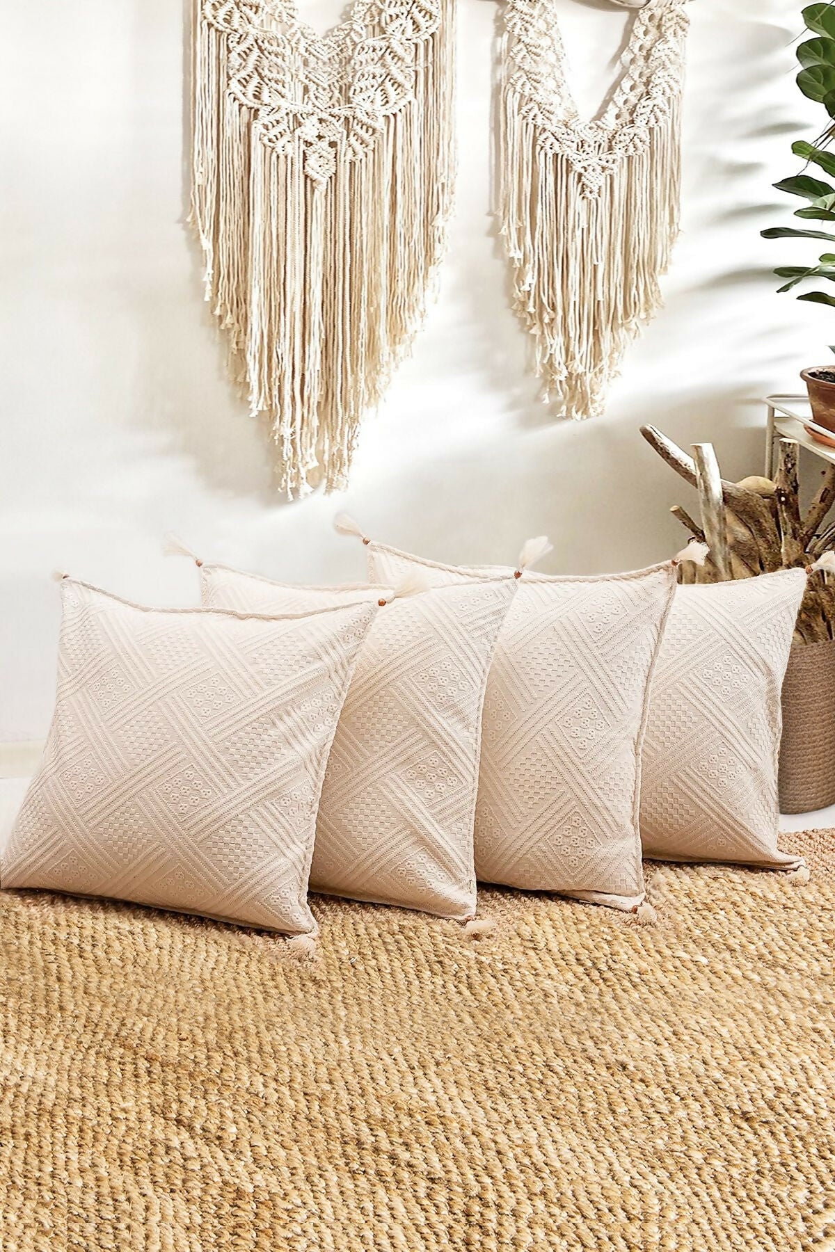 Handmade Throw Pillow Cover,Natural and Authentic Organic Buldan Cotton ,Tasseled Cushion Cover 4-Piece Set - Wear Sierra