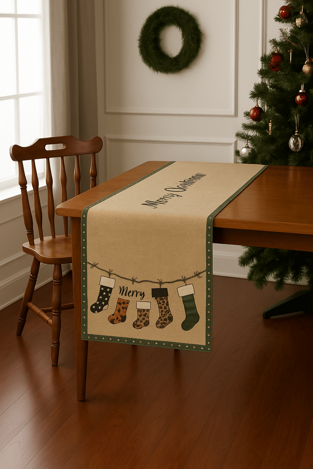 Happy New Year Christmas Table Runner – Holiday Stocking Pattern, Rustic Linen Look, 16x64 inch Decorative Table Accent - Wear Sierra