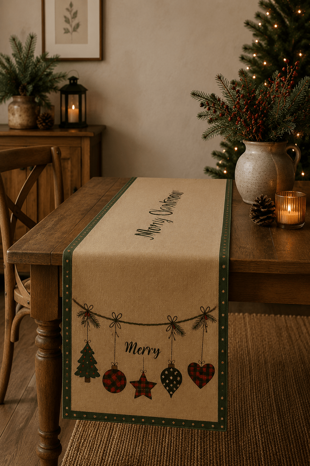 Happy New Year Christmas Table Runner – Holiday Stocking Pattern, Rustic Linen Look, 16x64 inch Decorative Table Accent - Wear Sierra