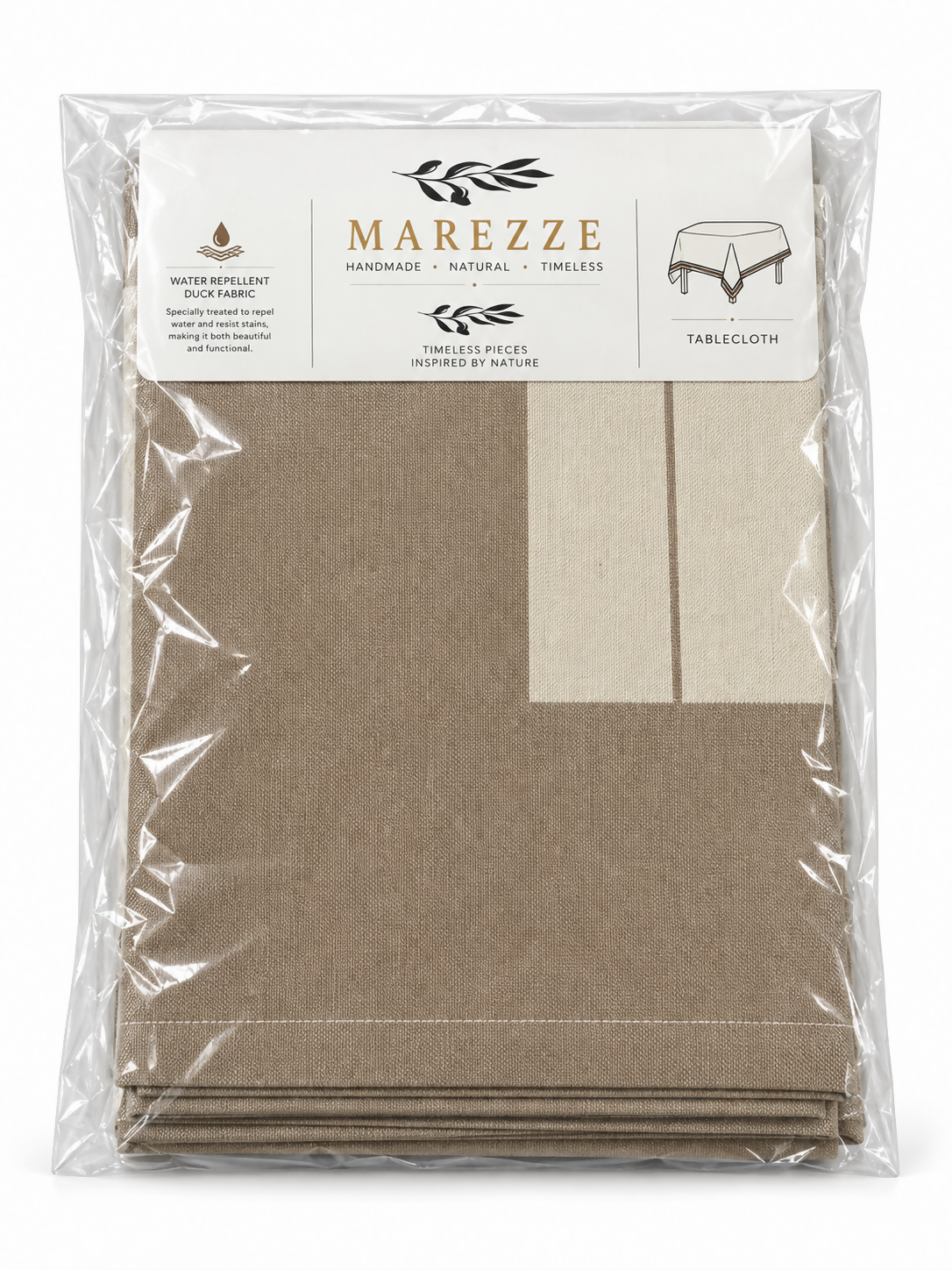 Warm Taupe & Ivory Striped Water-Repellent Turkish Cotton Tablecloth – Coastal & Timeless Style