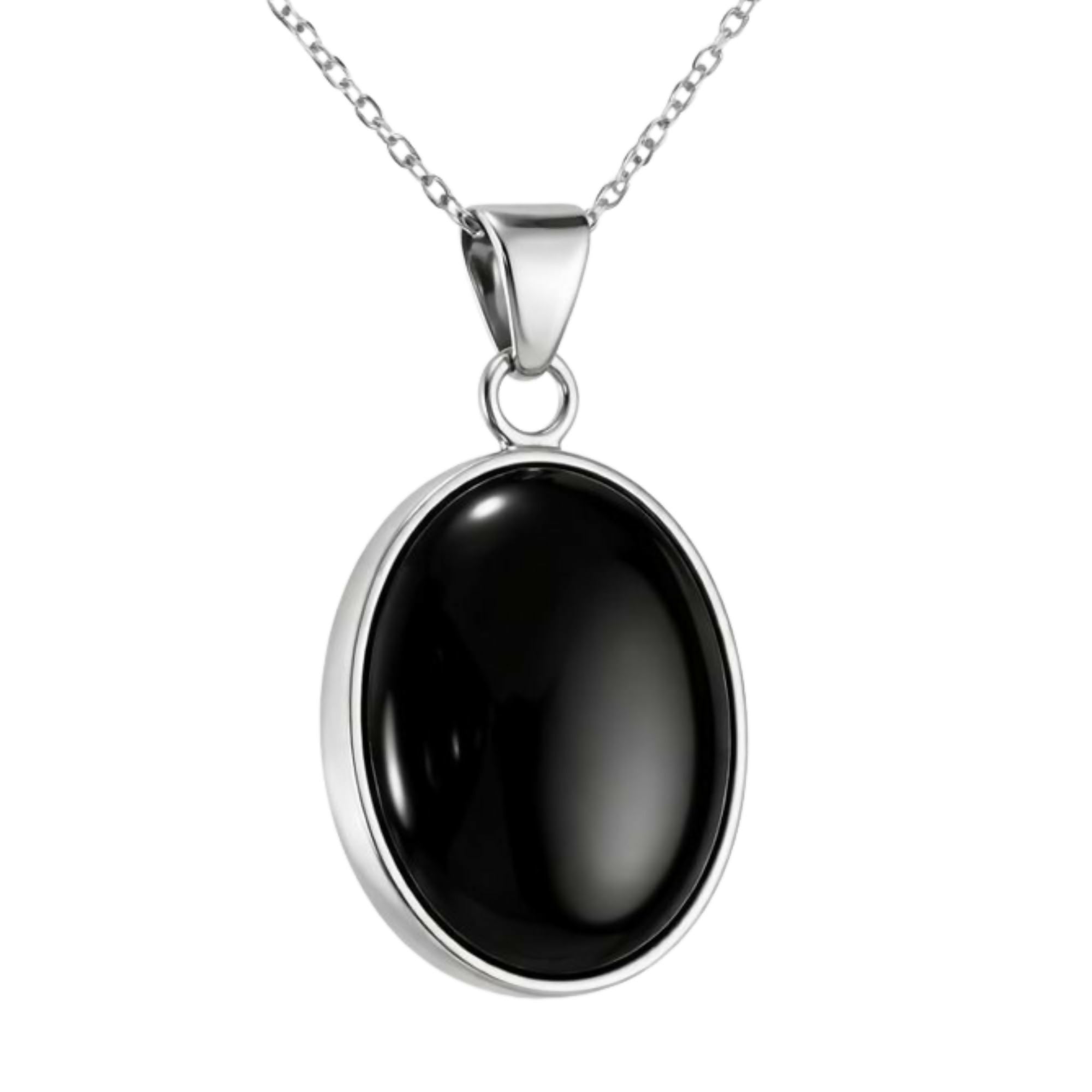 Sterling Silver 925 Oval Black Onyx Handmade Pendant Necklace 18+2'' Chain for Women & Men, 18x25mm