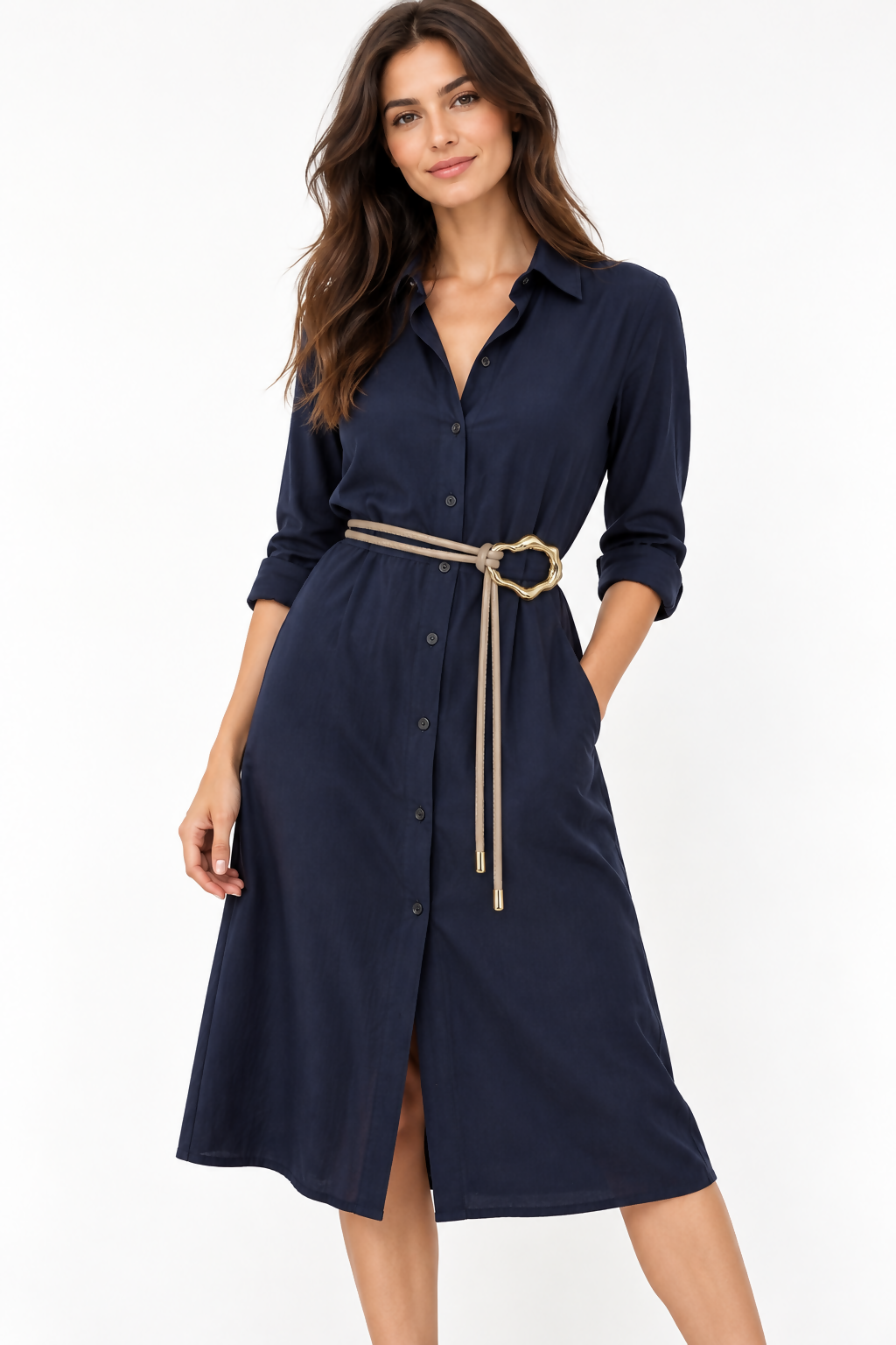 Women’s 2-Pack Skinny Wrap Belt Set with Gold-Tone Statement Rings – Beige & Dark Brown