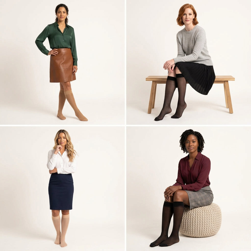 Four models wearing women's sheer knee-high stockings in nude and black.