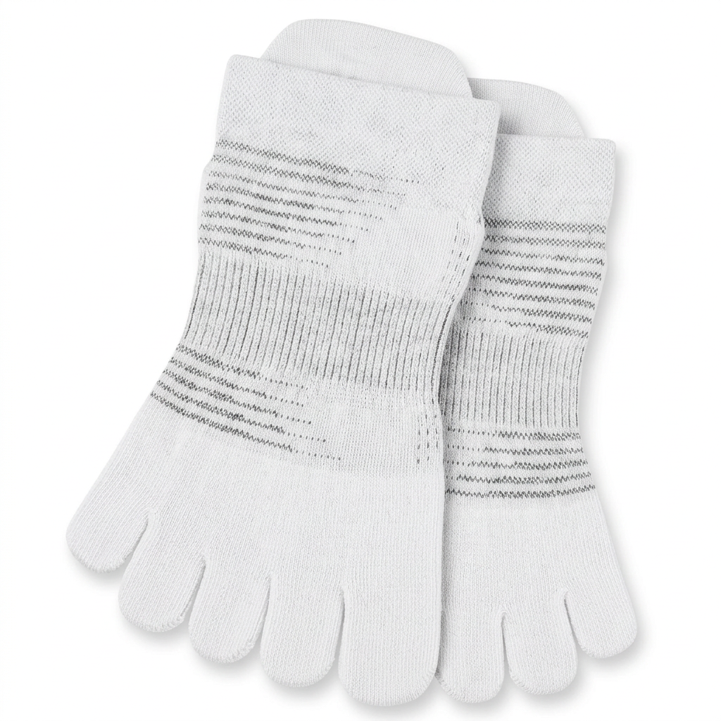 Pair of white five-toe socks with gray knit detailing, overlapping on a white background
