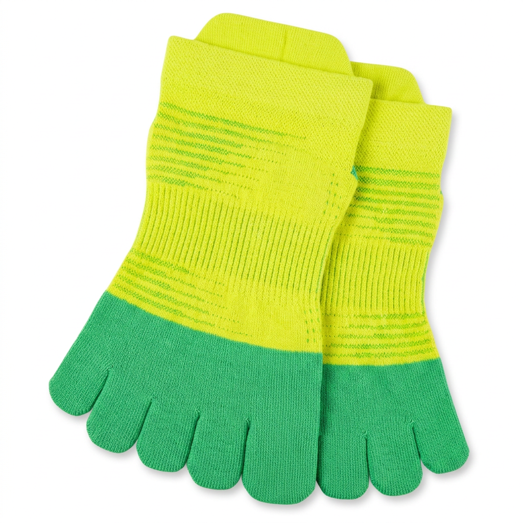Pair of neon yellow and green five-toe socks, overlapping on a white background