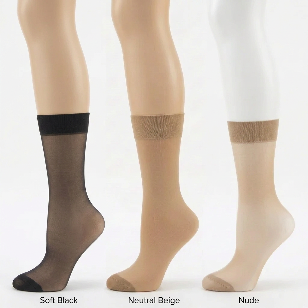 Women's sheer nylon ankle highs in Soft Black, Neutral Beige, and Nude displayed side by side.