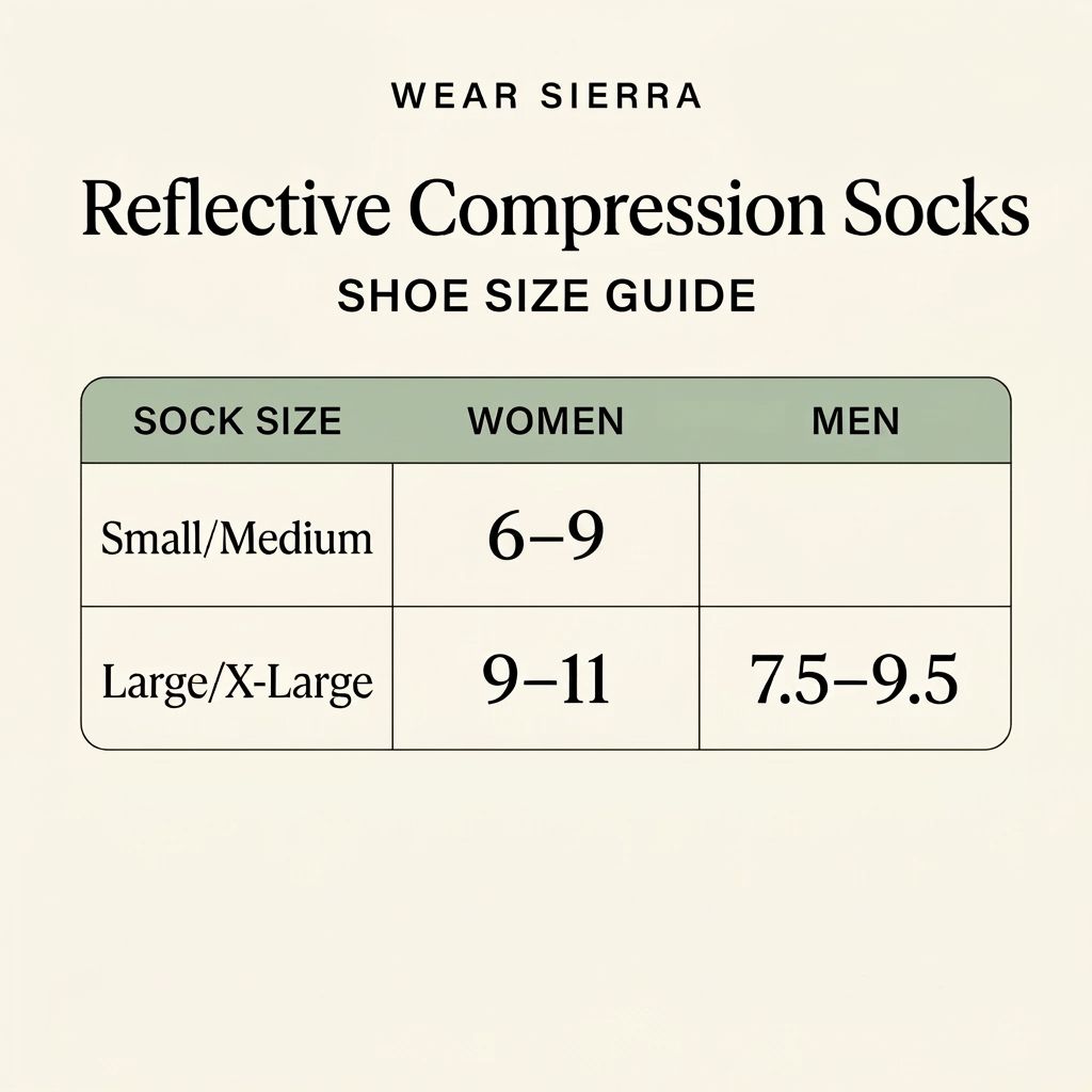 Reflective Compression Socks shoe size guide: Small/Medium, women 4–6; Large/X-Large, women 9–11 and men 7.5–9.5.