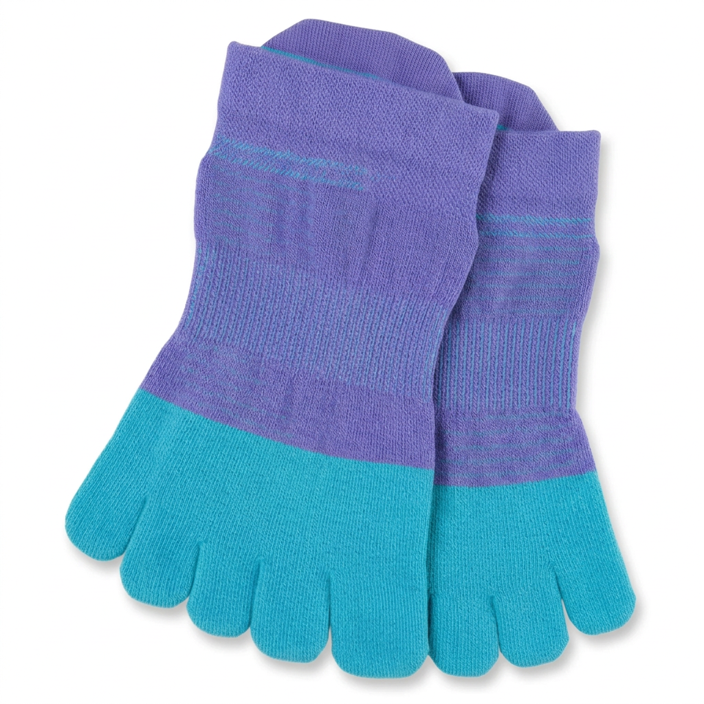 One pair of purple and turquoise five-toe socks in an overlapping stack on a white background