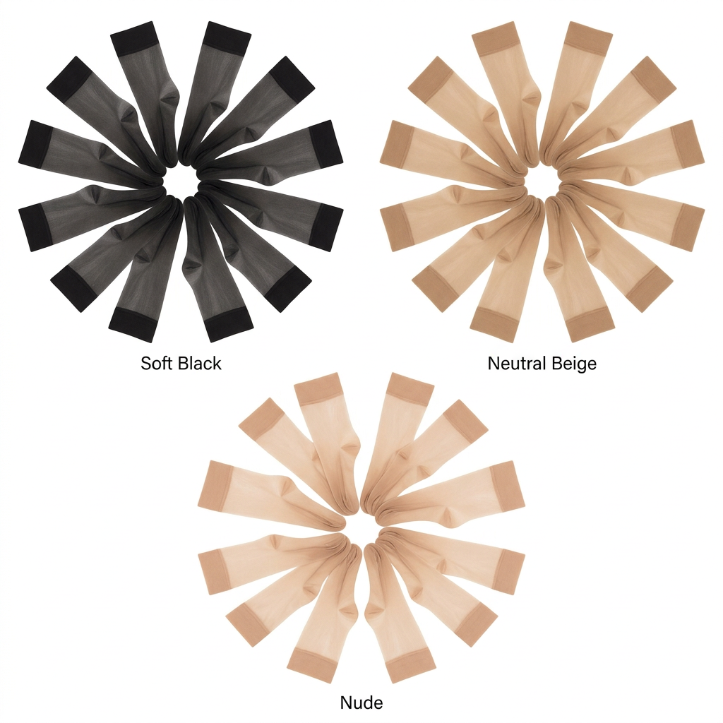 Women's sheer nylon ankle highs arranged in fans in Soft Black, Neutral Beige, and Nude.