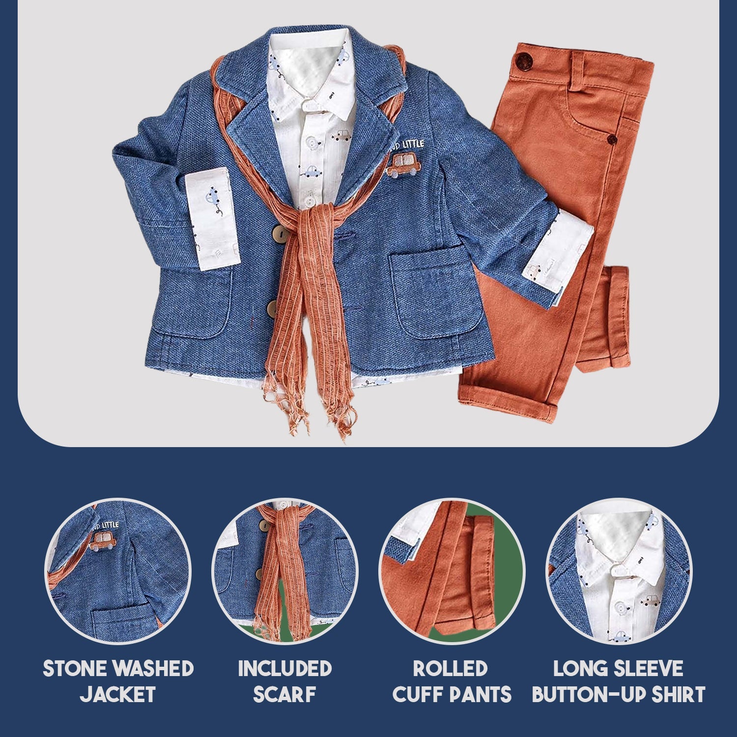 Infant and Toddler Boys' Adorable Blue Jean Jacket, Button-Up Shirt and Pants 3-Piece Set - Wear Sierra