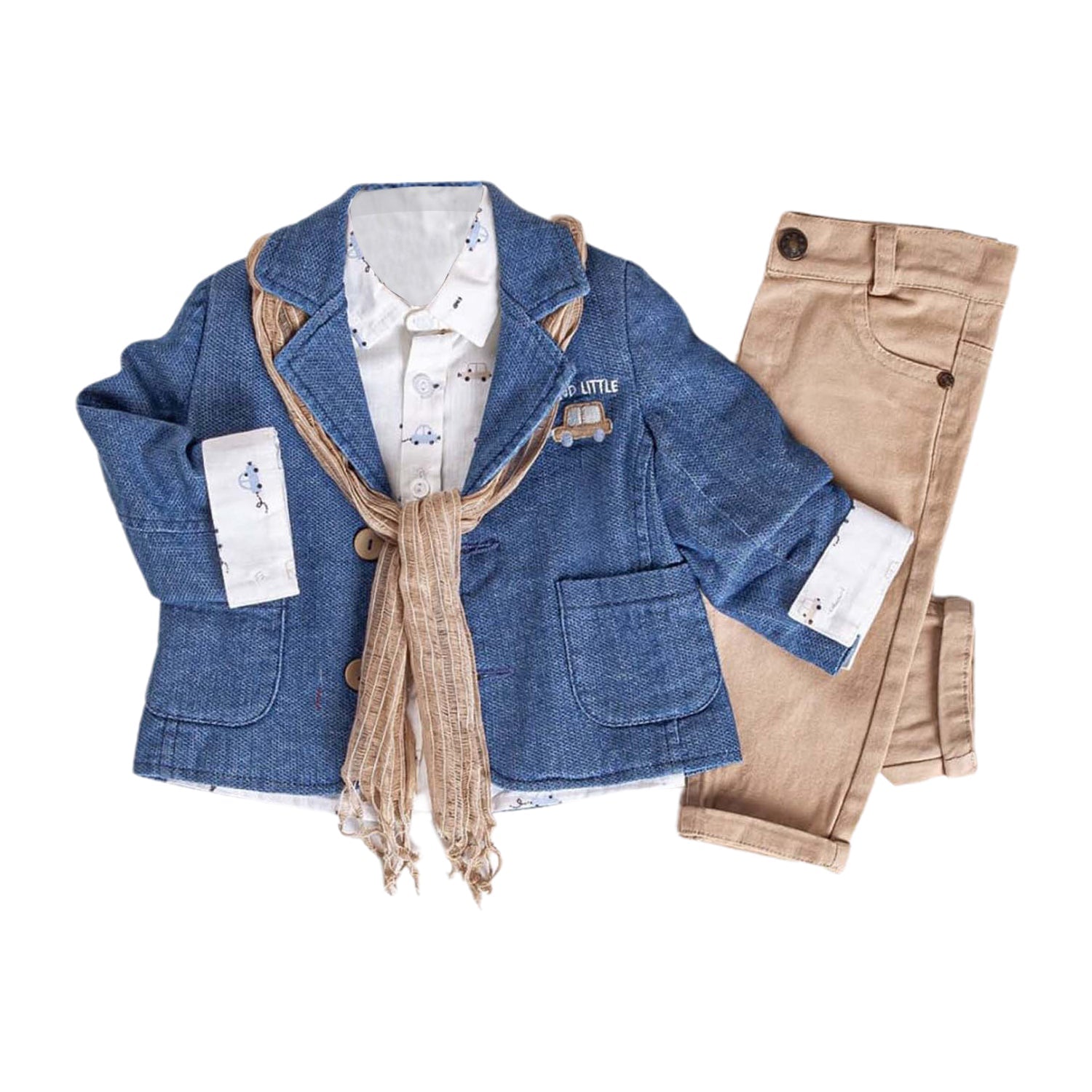 Infant and Toddler Boys' Adorable Blue Jean Jacket, Button-Up Shirt and Pants 3-Piece Set - Wear Sierra