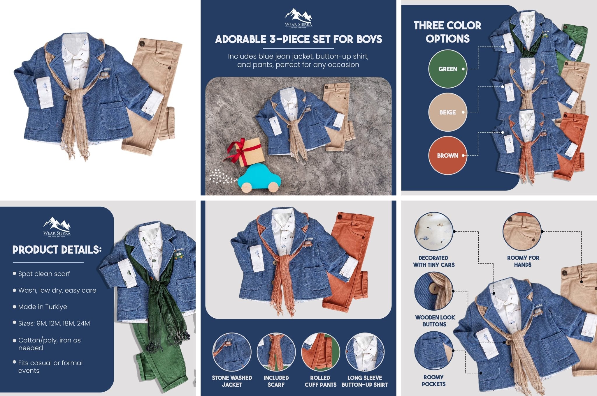 Infant and Toddler Boys' Adorable Blue Jean Jacket, Button-Up Shirt and Pants 3-Piece Set - Wear Sierra