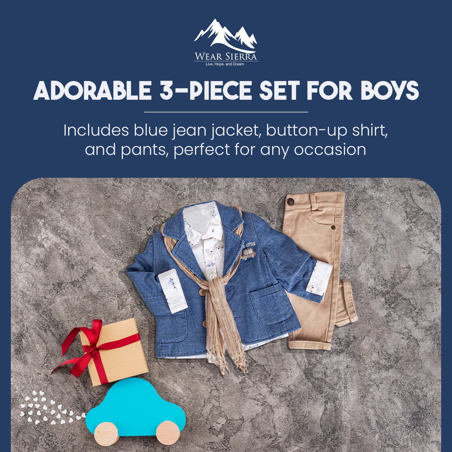 Infant and Toddler Boys' Adorable Blue Jean Jacket, Button-Up Shirt and Pants 3-Piece Set - Wear Sierra