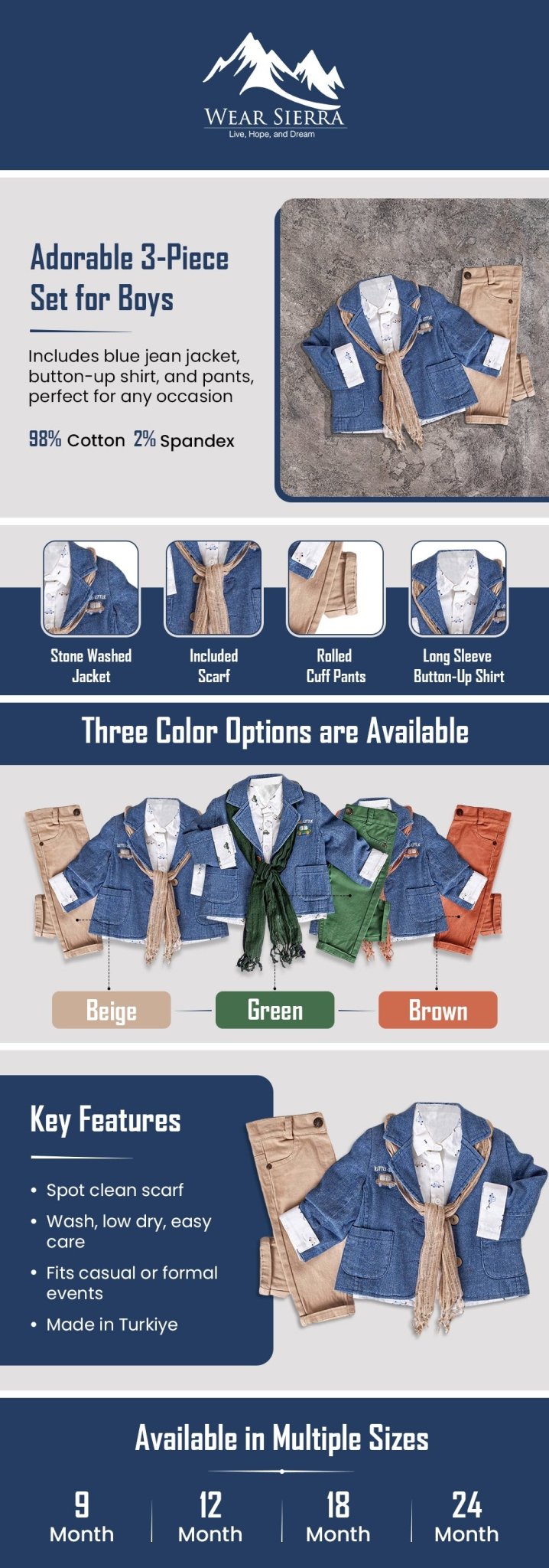 Infant and Toddler Boys' Adorable Blue Jean Jacket, Button-Up Shirt and Pants 3-Piece Set - Wear Sierra
