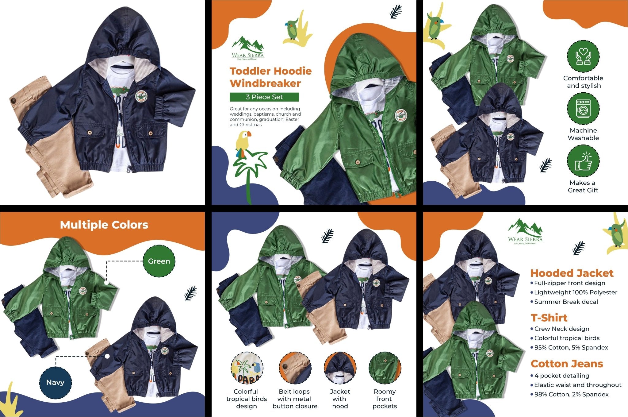 Infant and Toddler Hoodie Windbreaker 3-Piece Casual Wear - Great for Fall Weather - Wear Sierra
