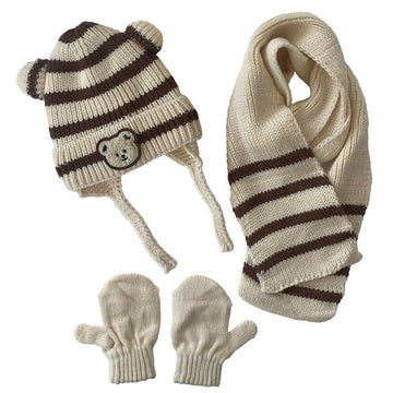 Infants Knitted Bear Detailed Winter Beanie 3 Piece Set-Beanie-Gloves-Scarf With Earflaps For Baby Boys (0-18 months) - Wear Sierra
