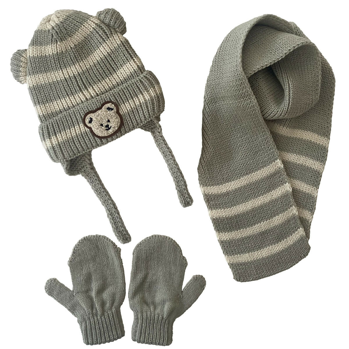 Infants Knitted Bear Detailed Winter Beanie 3 Piece Set-Beanie-Gloves-Scarf With Earflaps For Baby Boys (0-18 months) - Wear Sierra