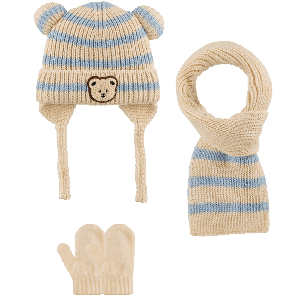 Infants Knitted Bear Detailed Winter Beanie 3 Piece Set-Beanie-Gloves-Scarf With Earflaps For Baby Boys (0-18 months) - Wear Sierra