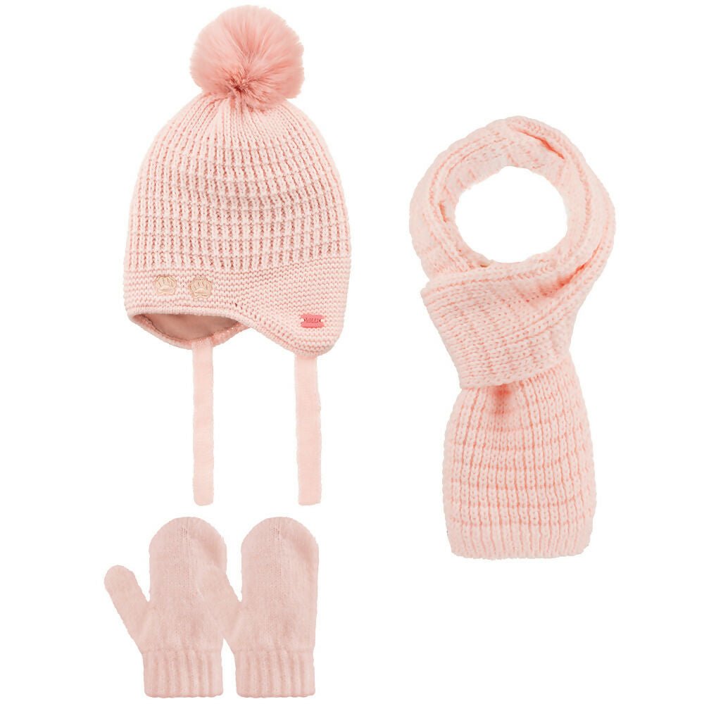 Infants Knitted Paw Detailed Winter Beanie 3 Piece Set-Beanie-Gloves-Scarf With Earflaps For Baby Girls (0-18 months) - Wear Sierra