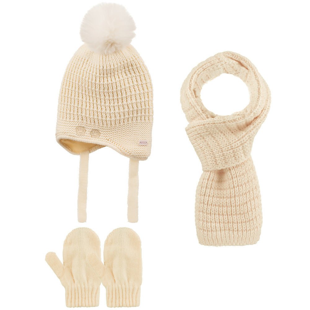 Infants Knitted Paw Detailed Winter Beanie 3 Piece Set-Beanie-Gloves-Scarf With Earflaps For Baby Girls (0-18 months) - Wear Sierra