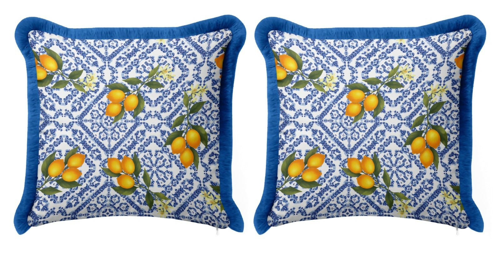 Italian Lemon & Blue Floral Throw Pillow Covers – Mediterranean Coastal Spring & Summer Décor - Set of 2 - Wear Sierra