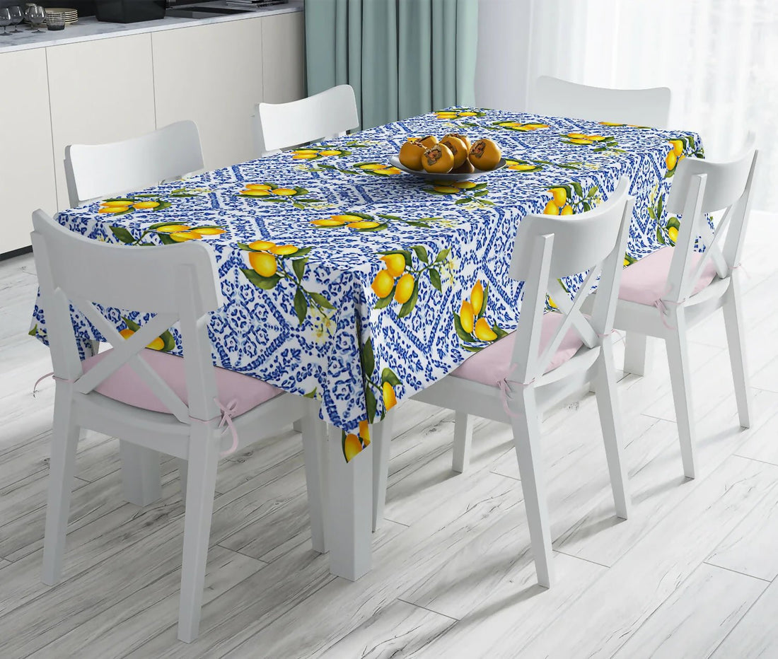 Italian Lemos and Blue Floral Patterned Rectangle Tablecloth Ideal for Spring and Summer Decorating Linen Tablecloth Great for Any Occasion - Wear Sierra