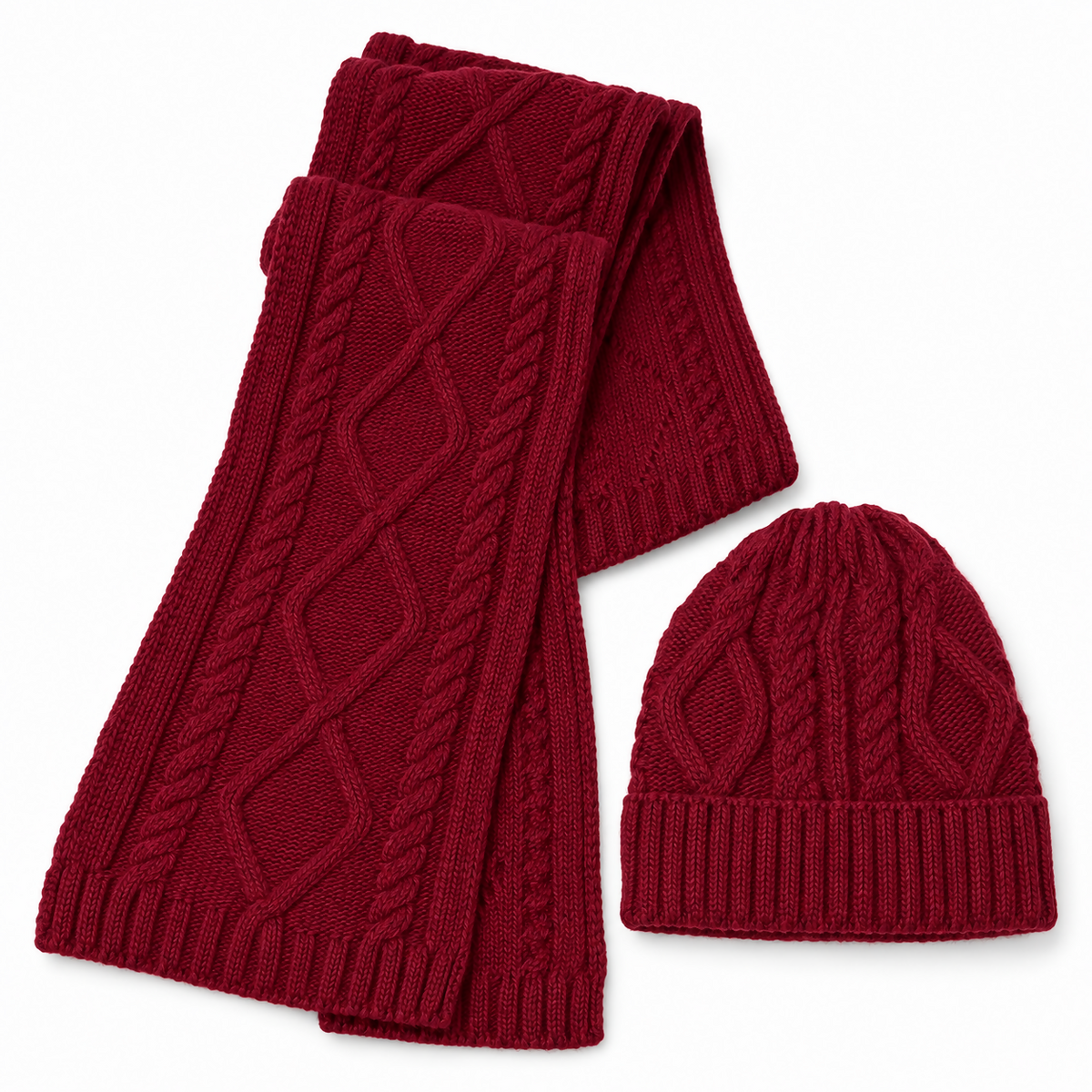 Unisex Cable Knit Beanie and Scarf Set for Men and Women, 2-Piece, Black