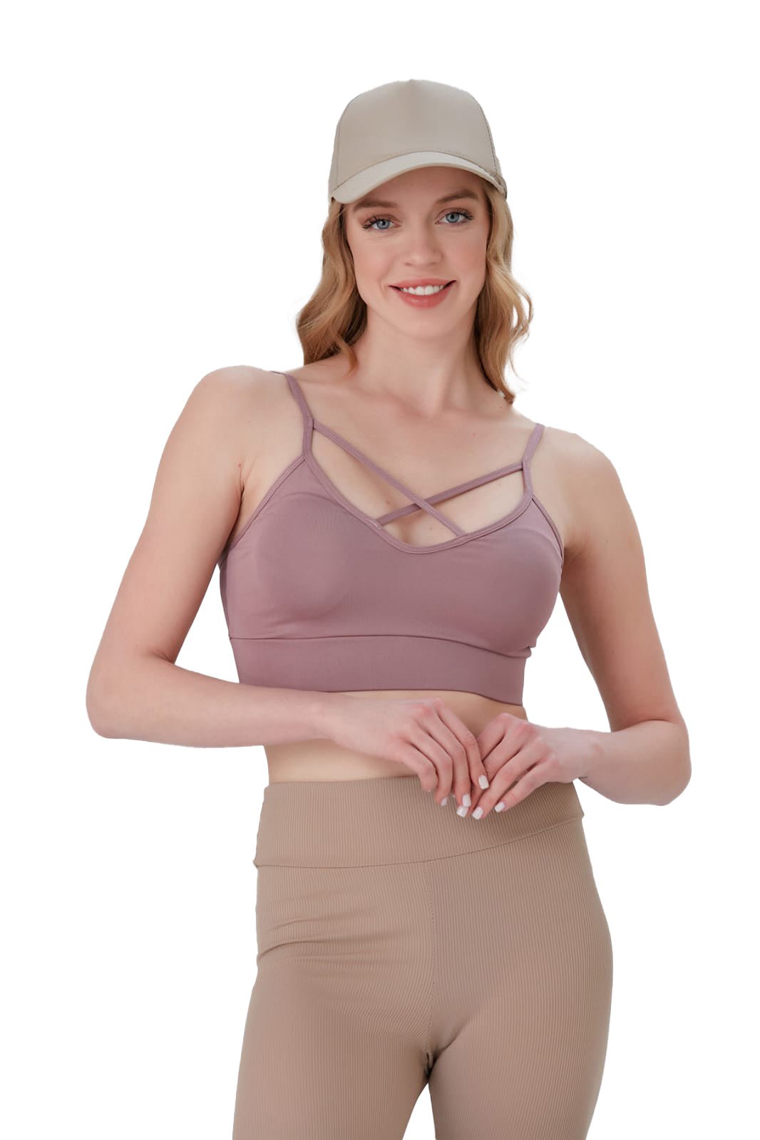 Juniors' and Women's Lightly Padded Workout Wear, Crisscross Front Plunge Neck Top - Wear Sierra