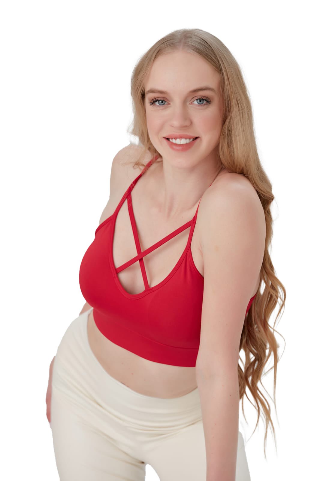 Juniors' and Women's Lightly Padded Workout Wear, Crisscross Front Plunge Neck Top - Wear Sierra