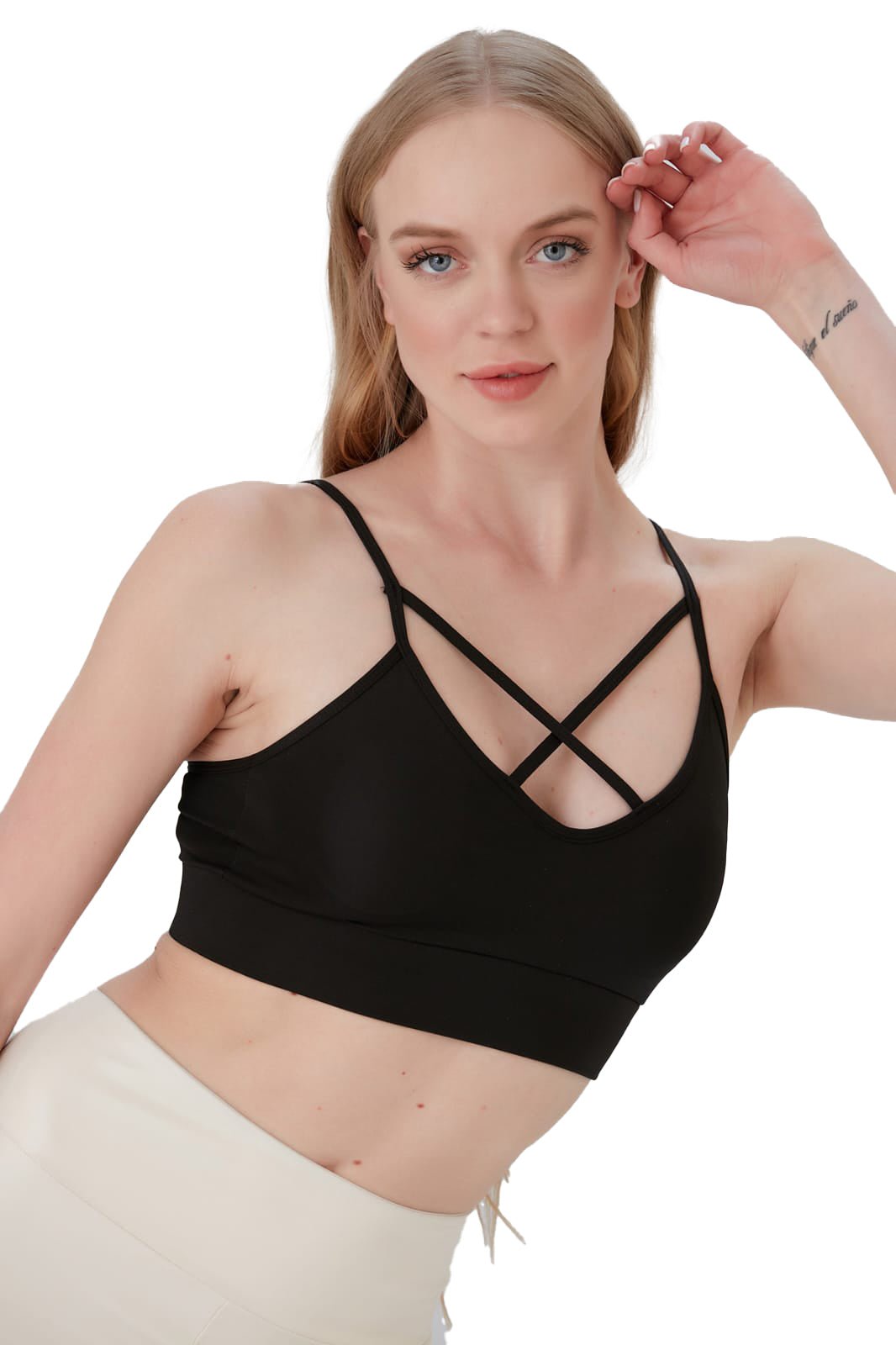 Juniors' and Women's Lightly Padded Workout Wear, Crisscross Front Plunge Neck Top - Wear Sierra