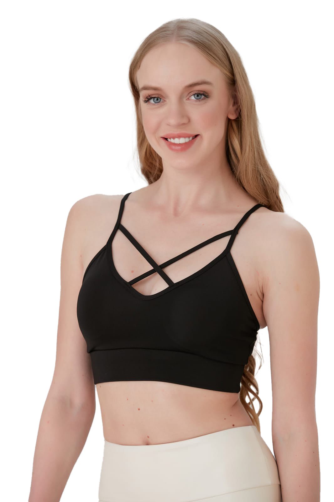 Juniors' and Women's Lightly Padded Workout Wear, Crisscross Front Plunge Neck Top - Wear Sierra