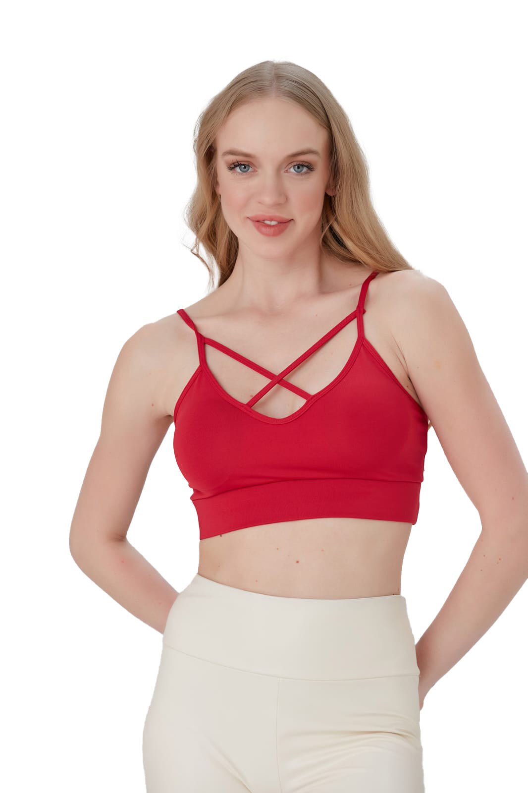 Juniors' and Women's Lightly Padded Workout Wear, Crisscross Front Plunge Neck Top - Wear Sierra