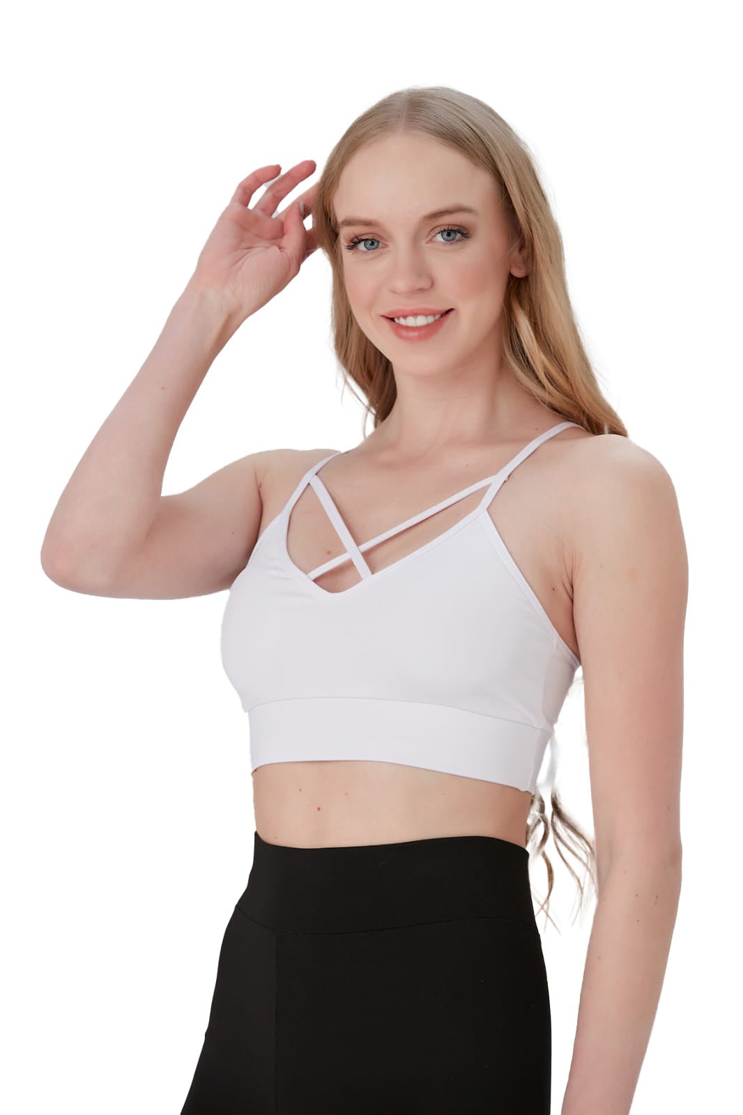 Juniors' and Women's Lightly Padded Workout Wear, Crisscross Front Plunge Neck Top - Wear Sierra