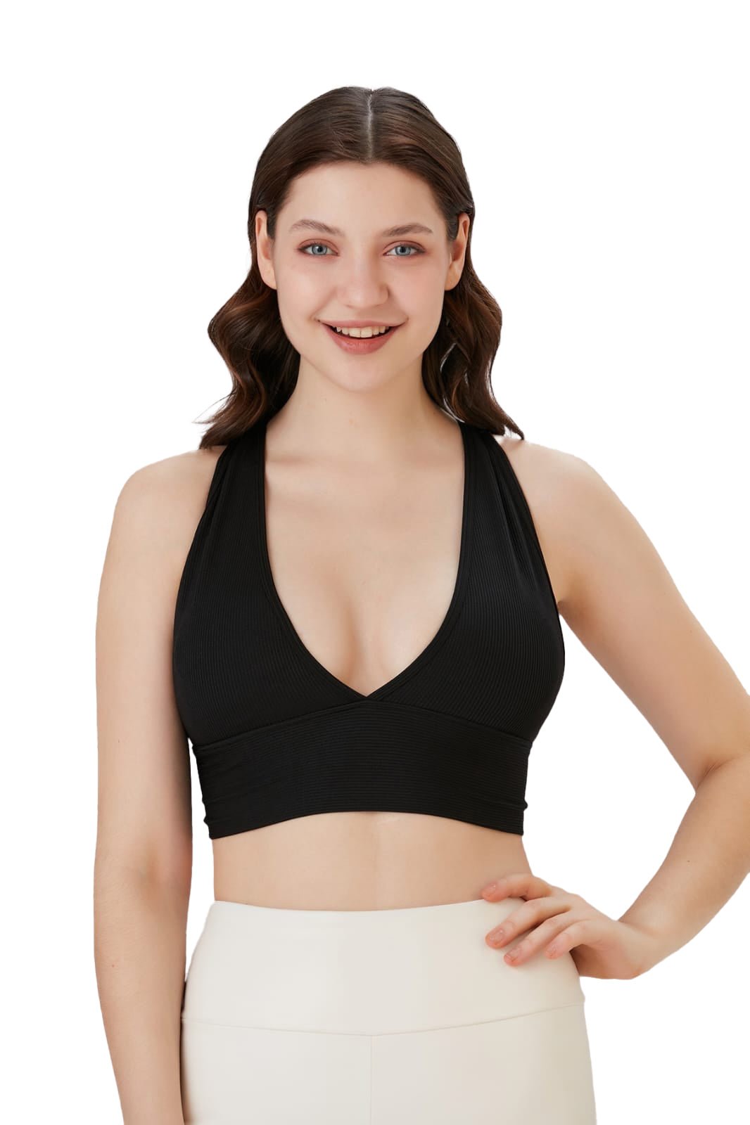 Juniors' and Women's Ultra Comfortable Soft Plunge Neck Top, Padded Workout Wear - Lightweight & Breathable Activewear - Wear Sierra